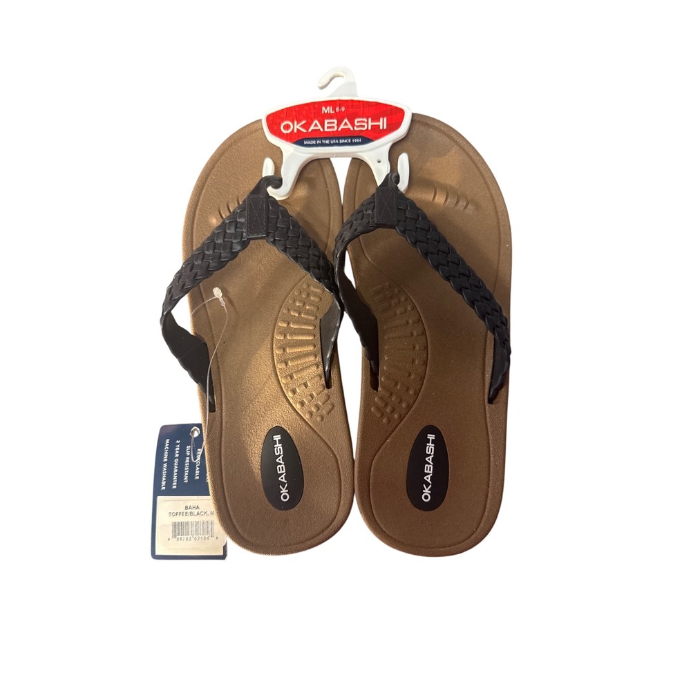 Okabashi Baha Flip Flops Women ML 8-9 Toffee Black Braided Strap Comfort Sandals